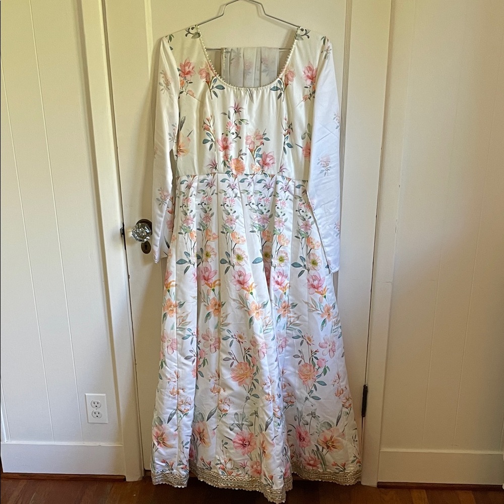 Lashkaraa Off-White Floral Printed Anarkali Satin Dress with Chiffon Dupatta.